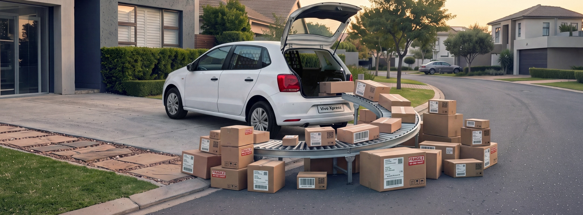 White Volkswagen Polo Vivo Xpress with its rear hatch open beside multiple delivery parcels, illustrating practical cargo space for small business deliveries and everyday commercial use. Explore Volkswagen Polo Vivo Xpress vehicles at Rola VW Vredenburg, Western Cape.