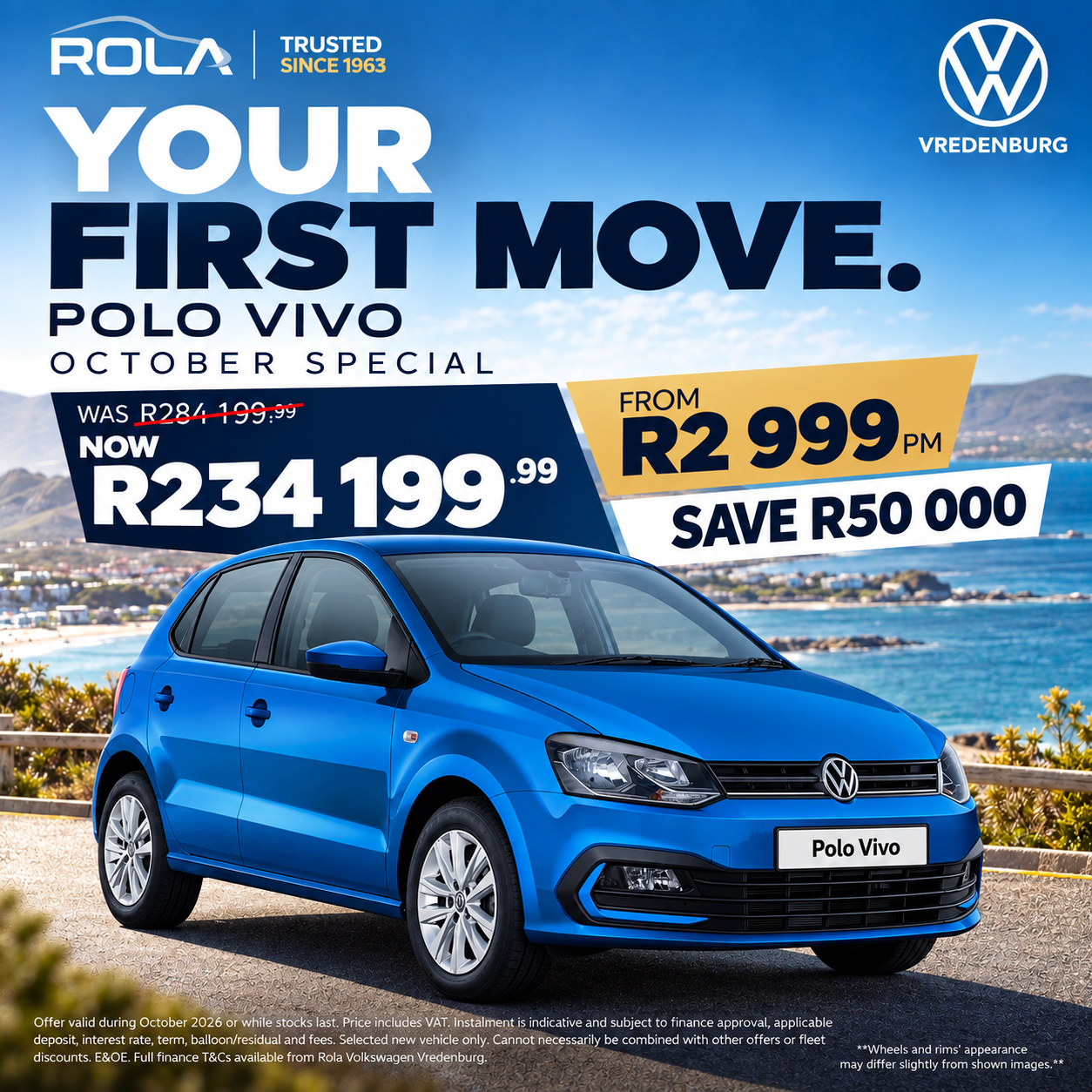 Volkswagen Polo Vivo October Special in Vredenburg – from R2,999 per month, save R50,000 on a new VW Polo Vivo at Rola Volkswagen Vredenburg, Western Cape. This deliberately combines the exact vehicle + offer + location + purchase intent without keyword stuffing. Volkswagen currently identifies the Polo Vivo as a South African hatchback with affordability, German engineering, safety, space and comfort as key attributes.