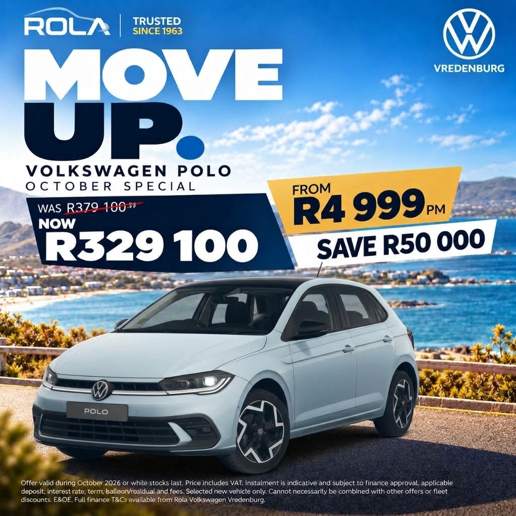 Volkswagen Polo October Special at Rola Volkswagen Vredenburg, featuring a white VW Polo hatchback from R4,999 pm, now R329,100 with R50,000 saving. Volkswagen Polo deals and finance offer in Vredenburg, Western Cape. T&Cs apply.
