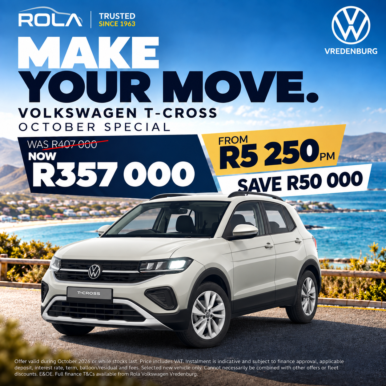 Volkswagen T-Cross October Special at Rola Volkswagen Vredenburg, featuring the T-Cross from R357,000, from R5,250 per month, with R50,000 savings. Coastal Western Cape background. T&Cs apply.