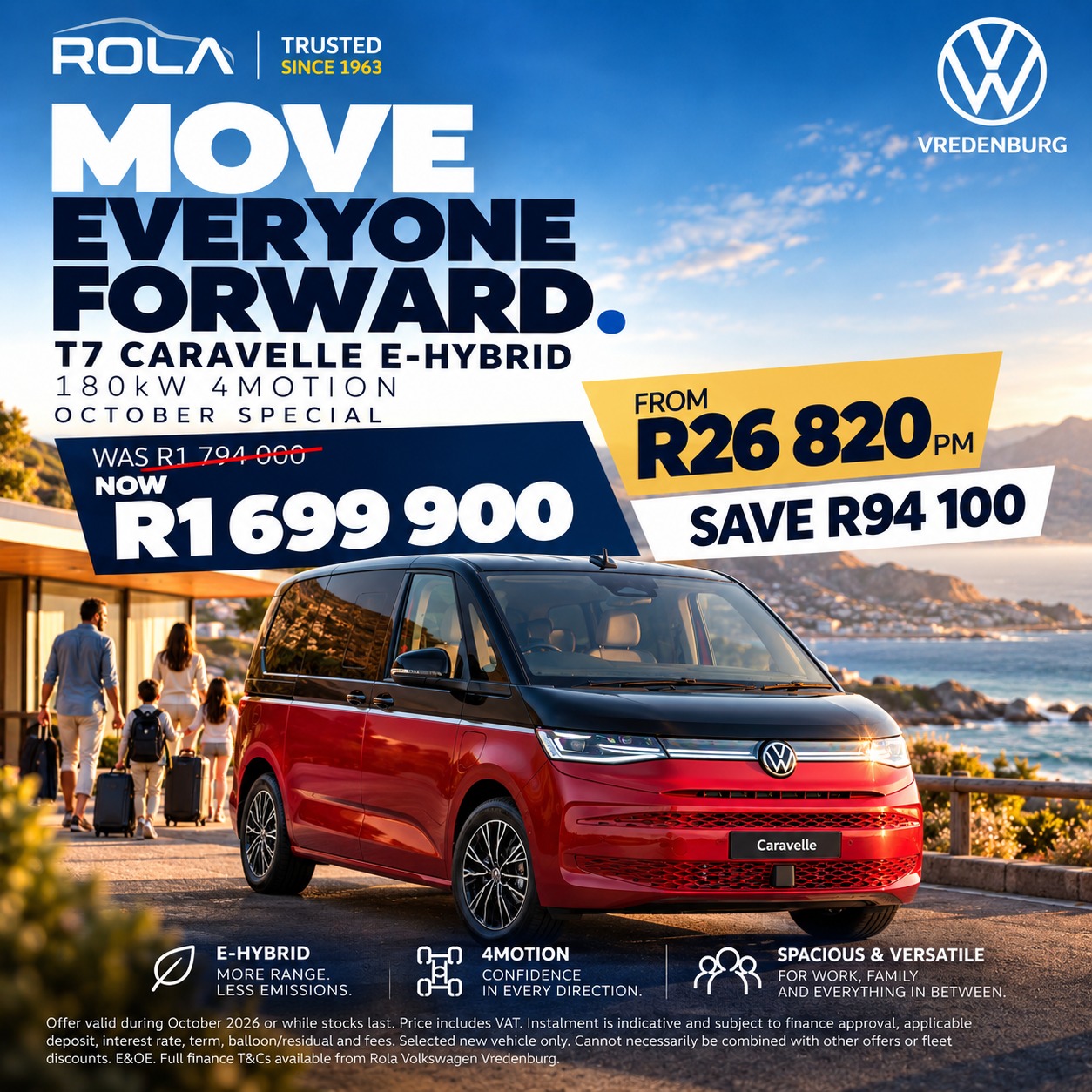 Volkswagen T7 Caravelle eHybrid 4MOTION October special at Rola Volkswagen Vredenburg, featuring 180kW plug-in hybrid technology, from R26,820 per month and saving R94,100.