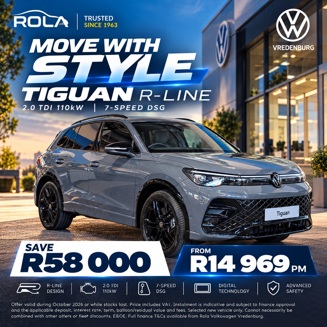 Volkswagen Tiguan R-Line 2.0 TDI 110kW with 7-speed DSG advertised at Rola Volkswagen Vredenburg, featuring R-Line styling, advanced technology and safety features. Save R58,000 and drive from R14,969 per month. New Volkswagen Tiguan available in Vredenburg, Western Cape.